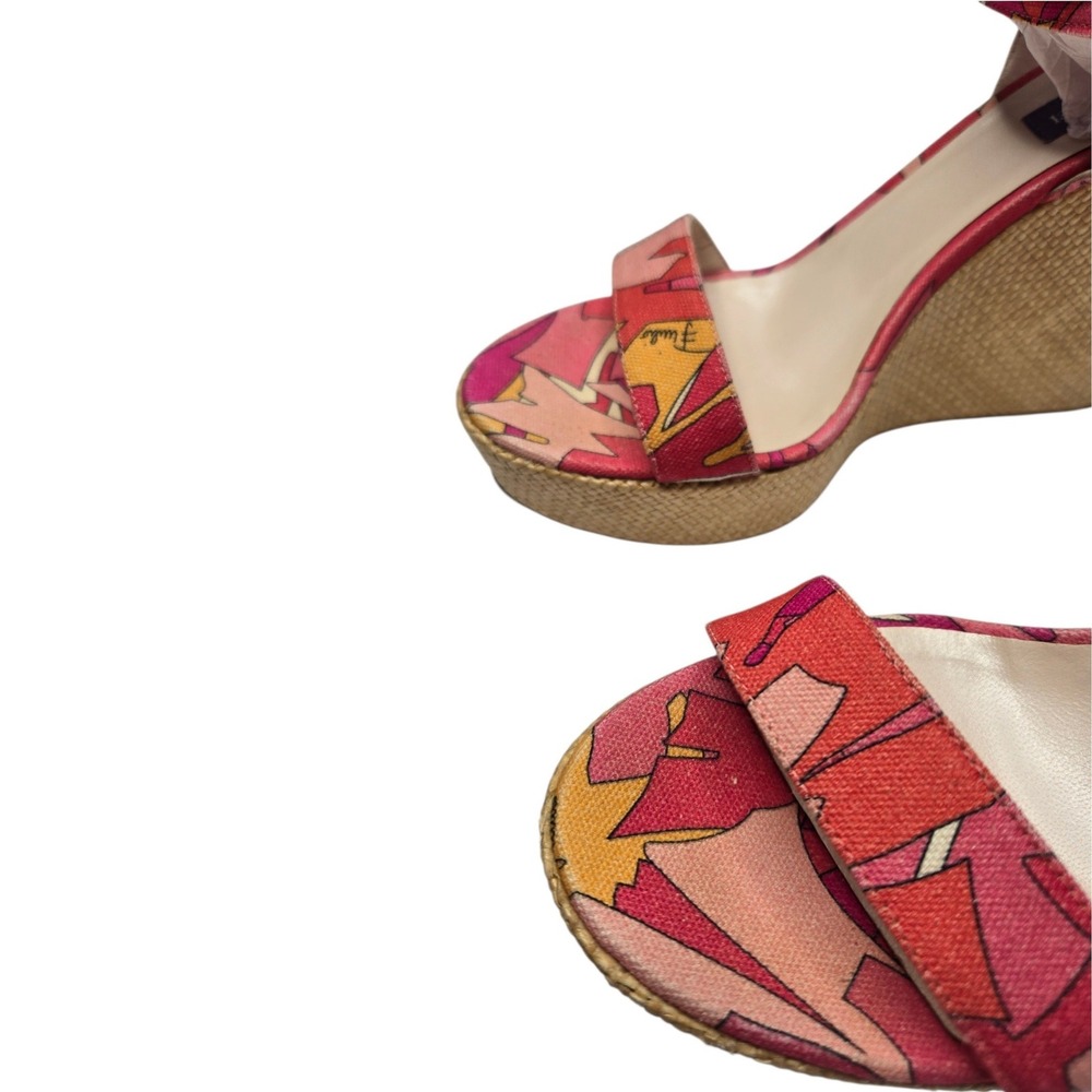 Emilio Pucci Y2K Raffia Espadrille Wedge Sandals 38 Pink Abstract Italy Tie Heel - Picture 5 of 16